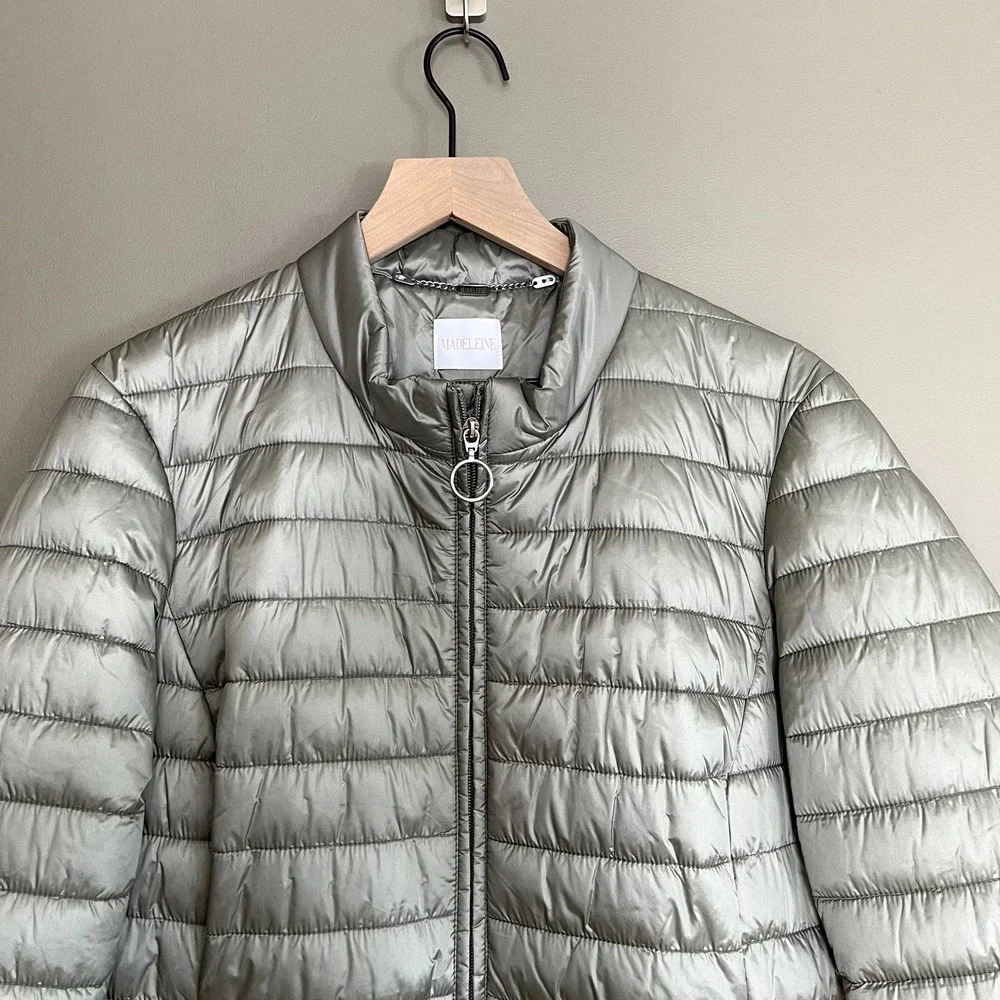 NWOT Madeleine Quilted Jacket Sage‎ Green Size 16 Puffer Full Zip Ruffle Back